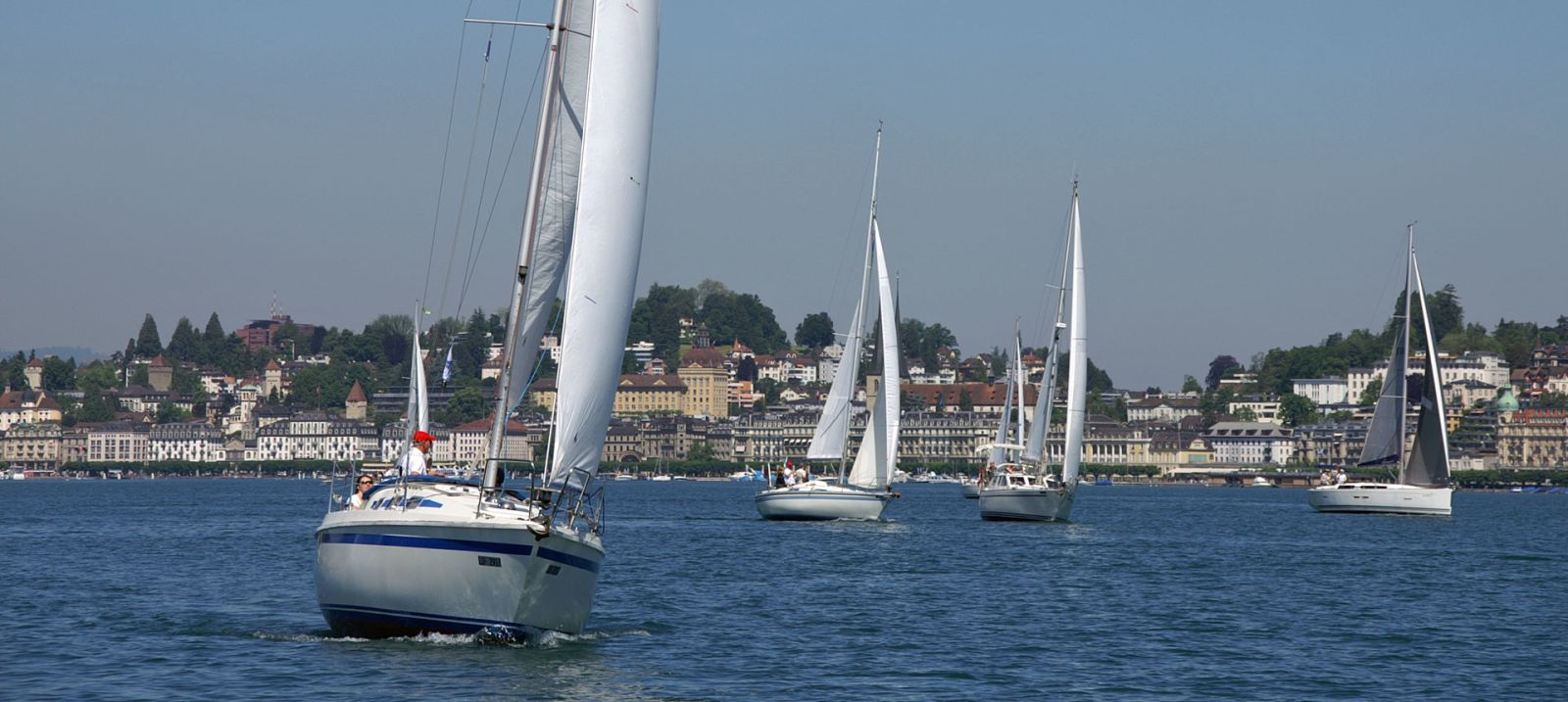 Mehrere Yachten segeln auf dem Vierwaldstättersee vor dem Ufer